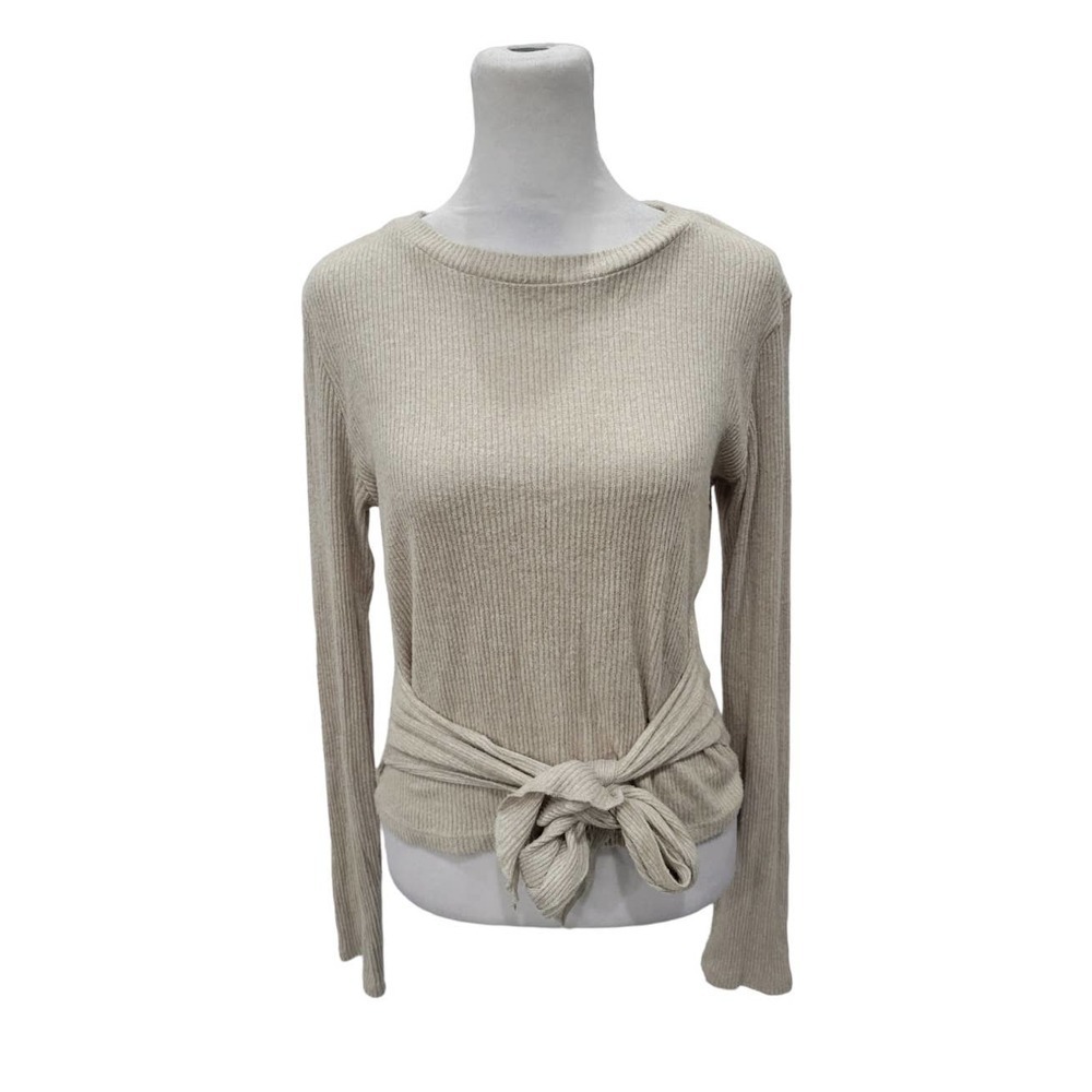 Zara Womans Tie Front Long Sleeve Pullover Top Size Large‎ Neutral Beige